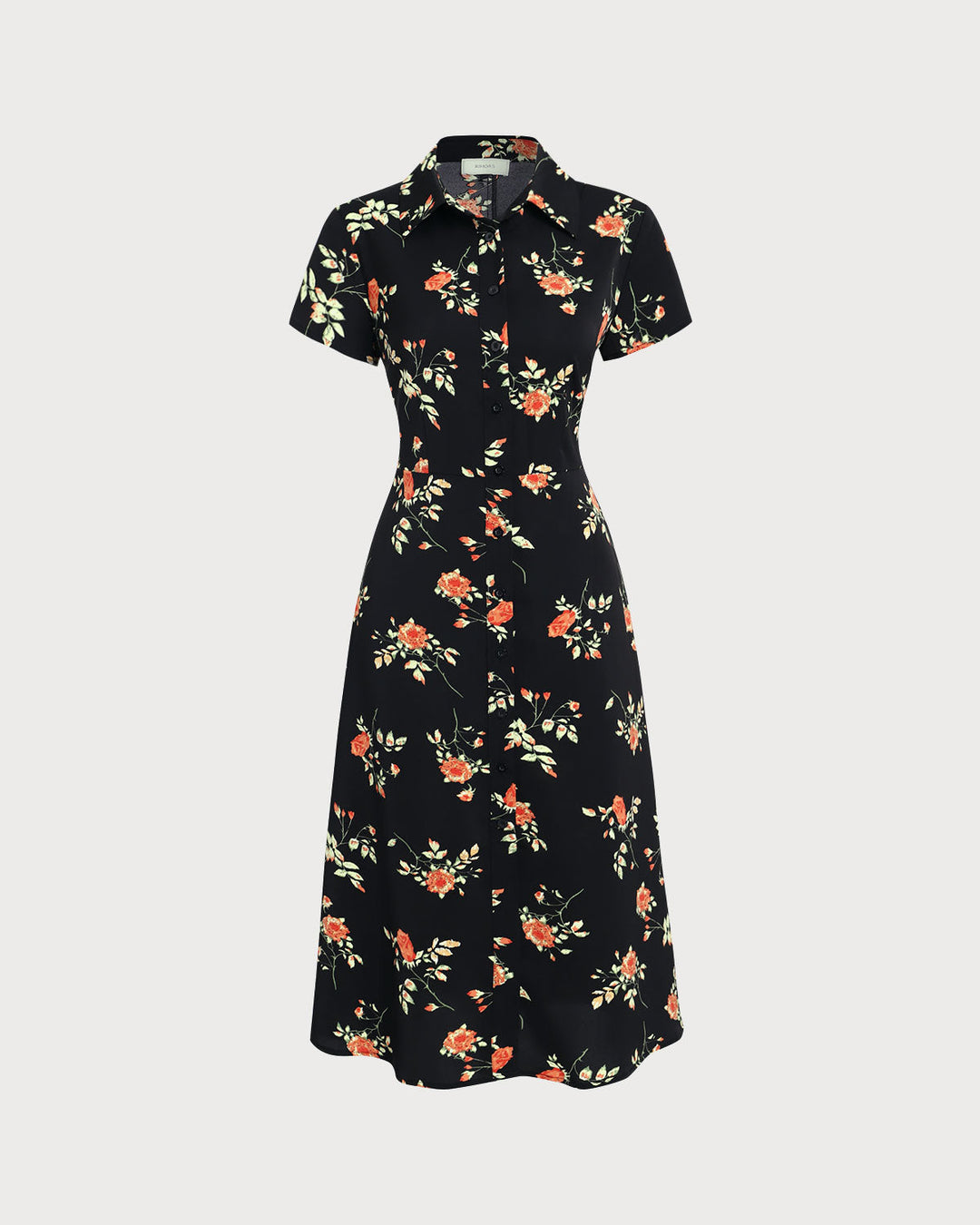 Black Floral Button A-Line Midi Dress