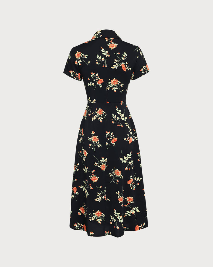 Black Floral Button A-Line Midi Dress