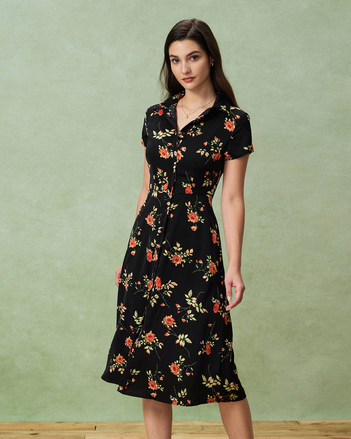 Black Floral Button A-Line Midi Dress