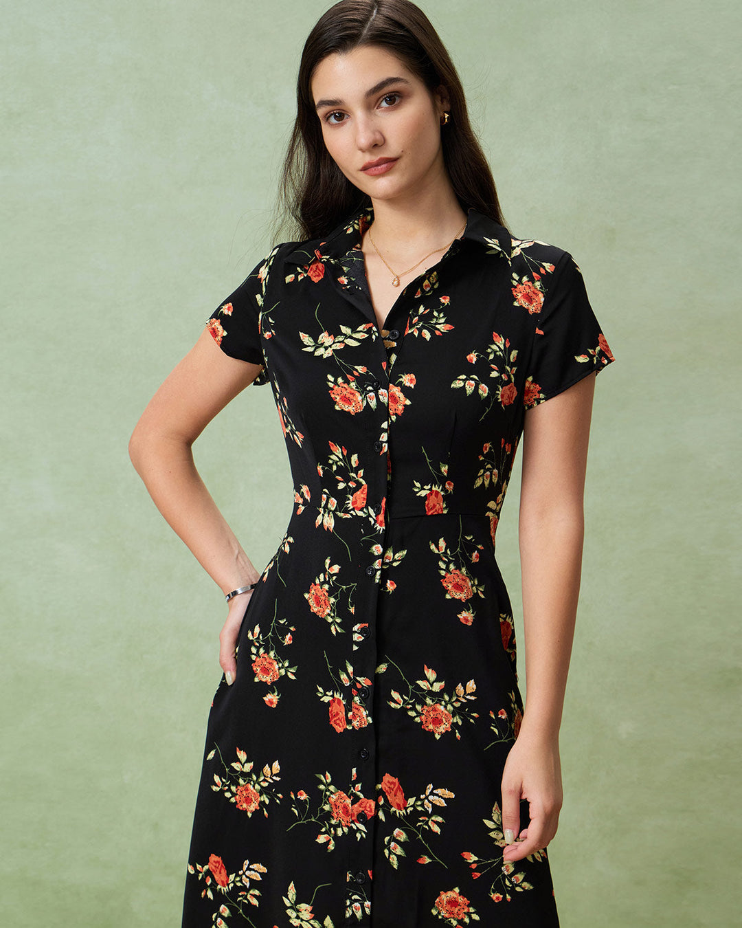 Black Floral Button A-Line Midi Dress