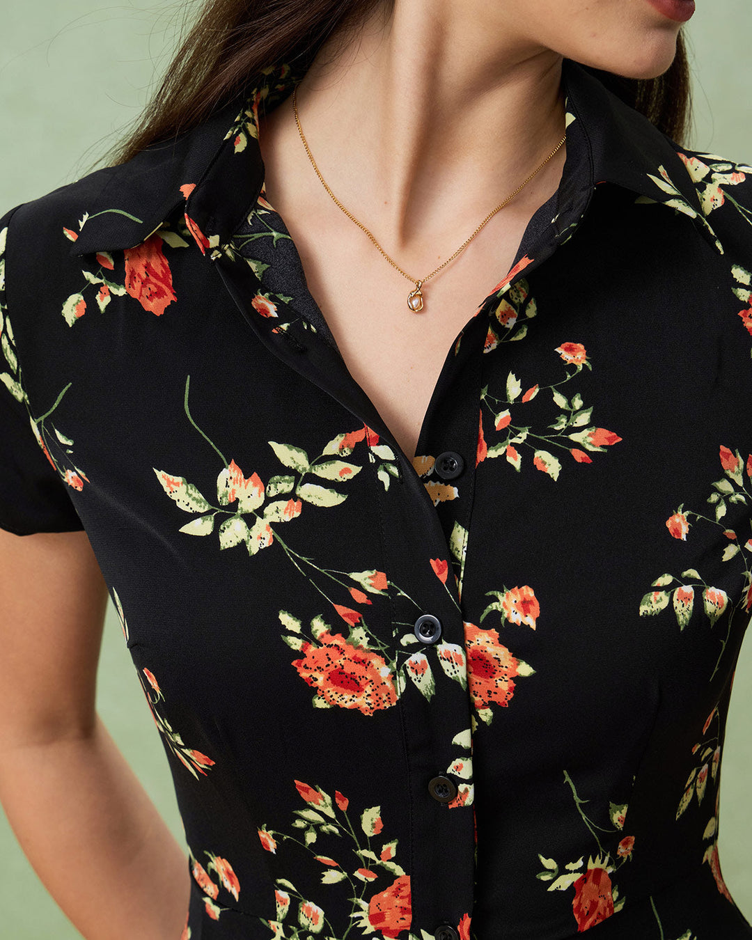 Black Floral Button A-Line Midi Dress