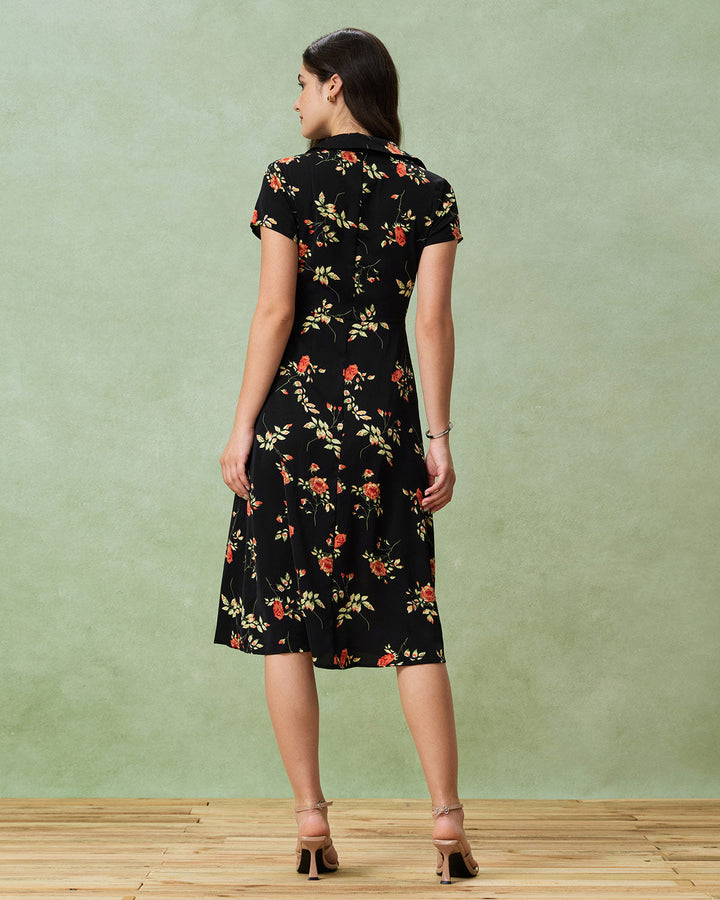 Black Floral Button A-Line Midi Dress