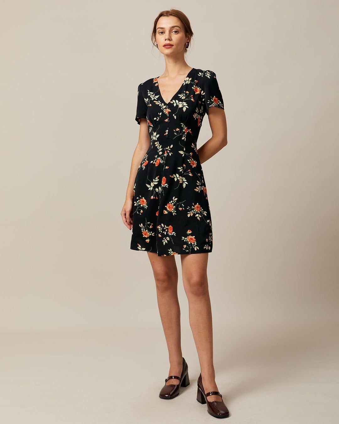 The Black V Neck Floral Button Up Mini Dress