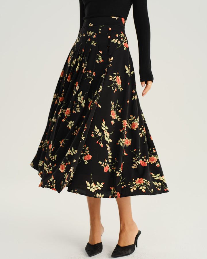 Black Floral A-Line Midi Skirt